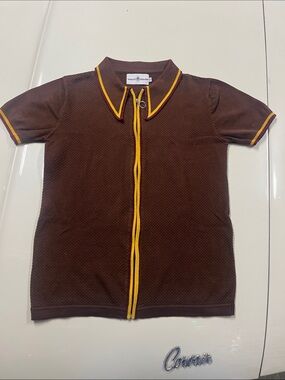 Madcap England Men’s XS 70’s Style Short Sleeve ZipUp Mack PopcornPolo, Like New